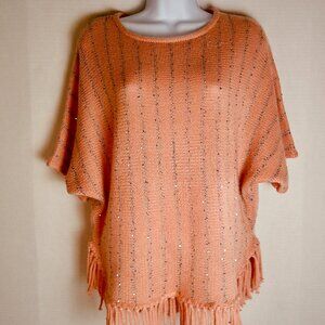 NEW DIRECTIONS WOMEN PEACH W/FRINGES & GRAY AND SEQUIN THREADING SWEATER. SIZE S